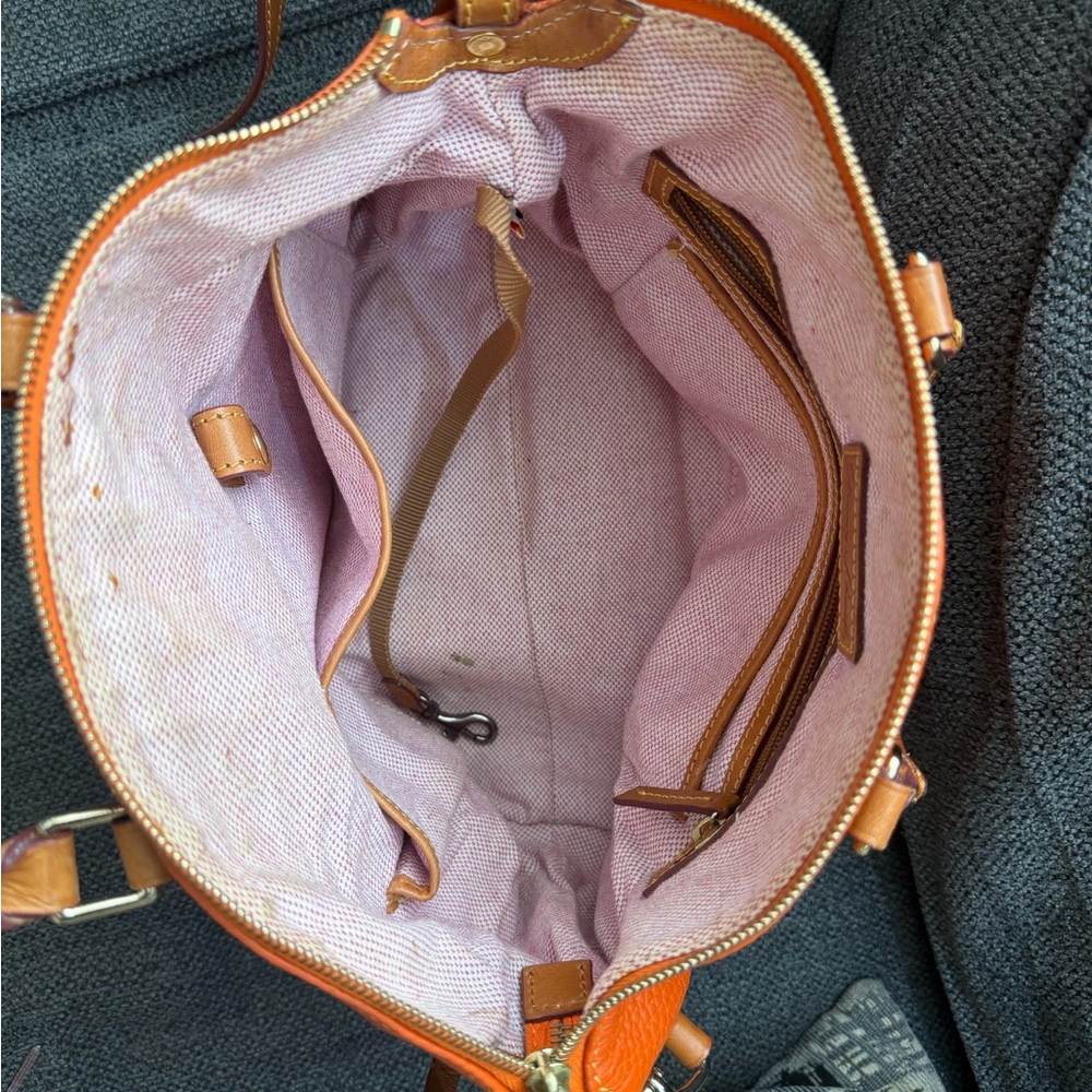 Dooney & Bourke Orange Pebbled Leather Crossbody Satchel with Tan Trim - Picture 5 of 8